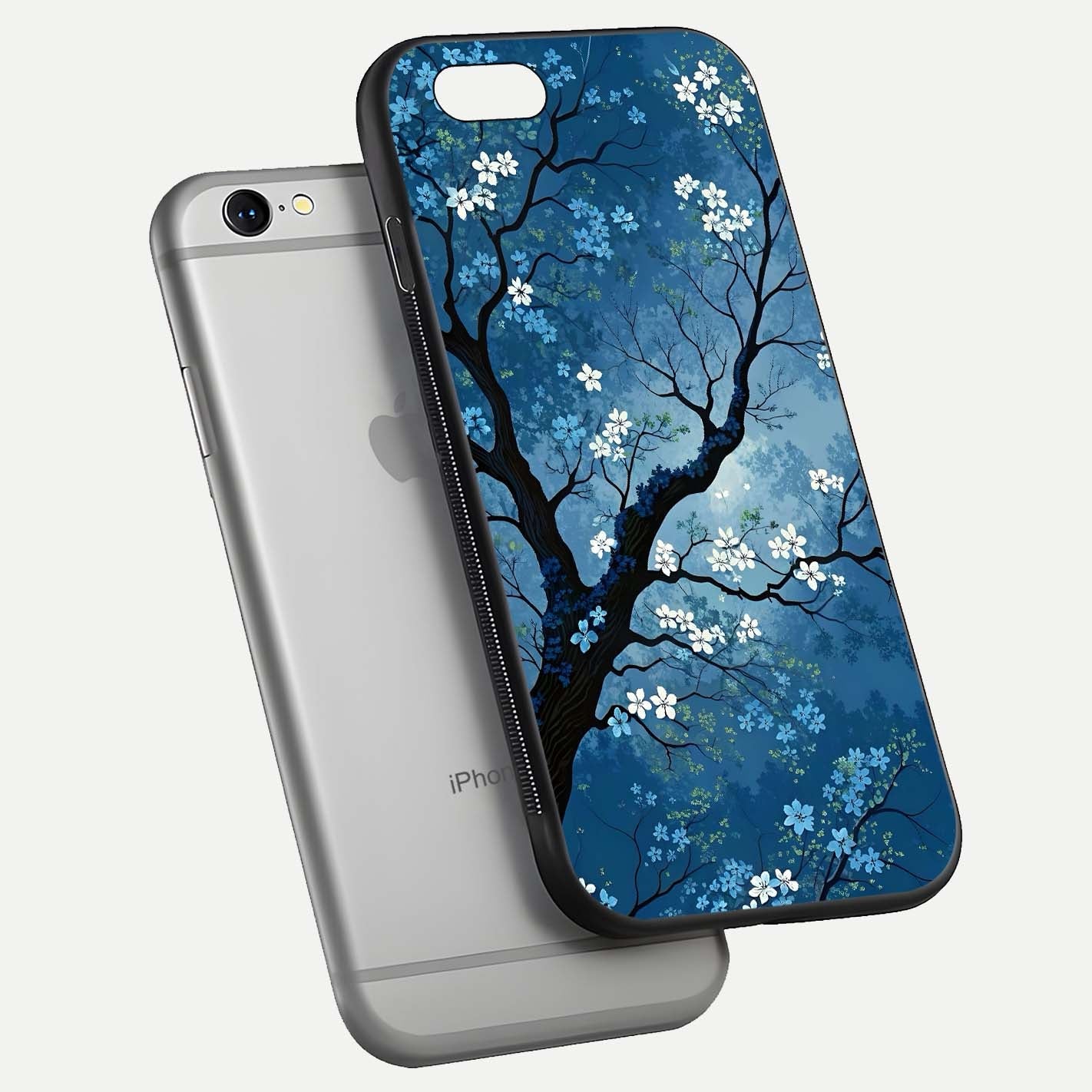 Blue Tree Serenity Glass Case for iPhone 16 Pro floating mockup displaying serene tones and HD glass polish