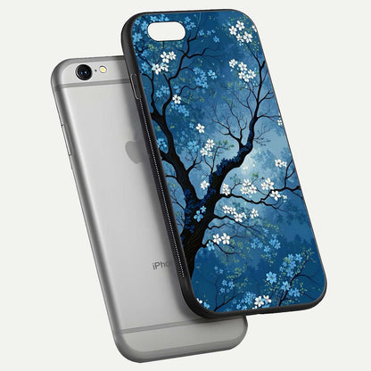 Blue Tree Serenity Glass Case for iPhone 16 Pro floating mockup displaying serene tones and HD glass polish
