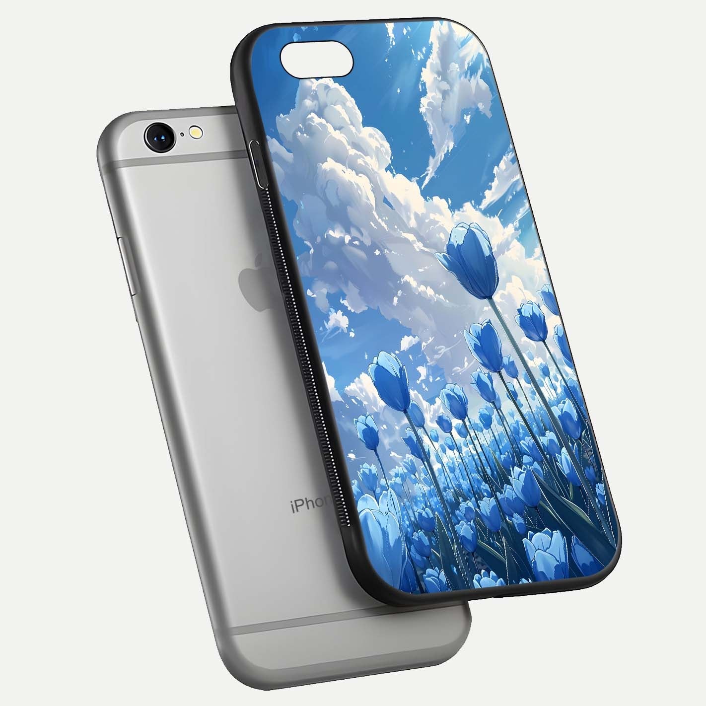 Blue Tulip Clouds Glass Case for iPhone 16 Pro floating mockup displaying tulip-cloud fusion art and smooth glass gloss