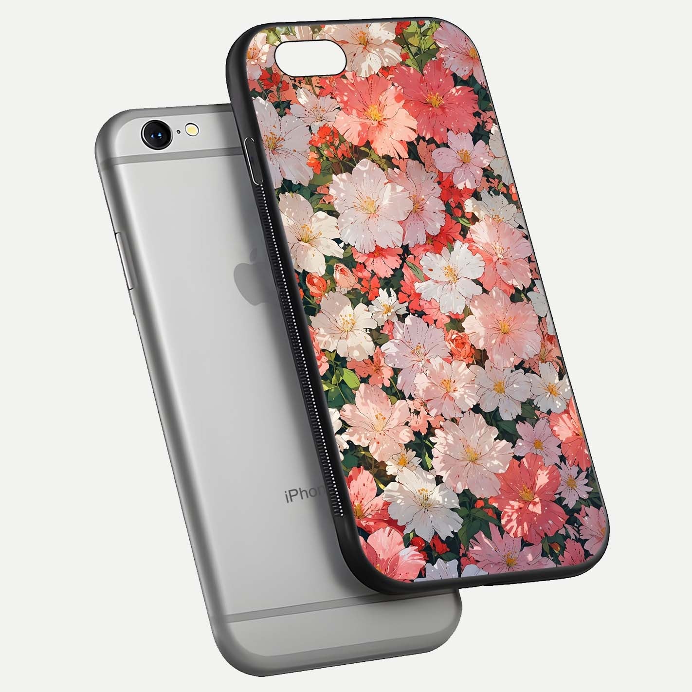 Blush Bloom Field Glass Case for iPhone 16 Pro floating mockup highlighting floral spread and edge reflection