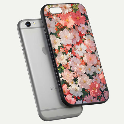Blush Bloom Field Glass Case for iPhone 16 Pro floating mockup highlighting floral spread and edge reflection