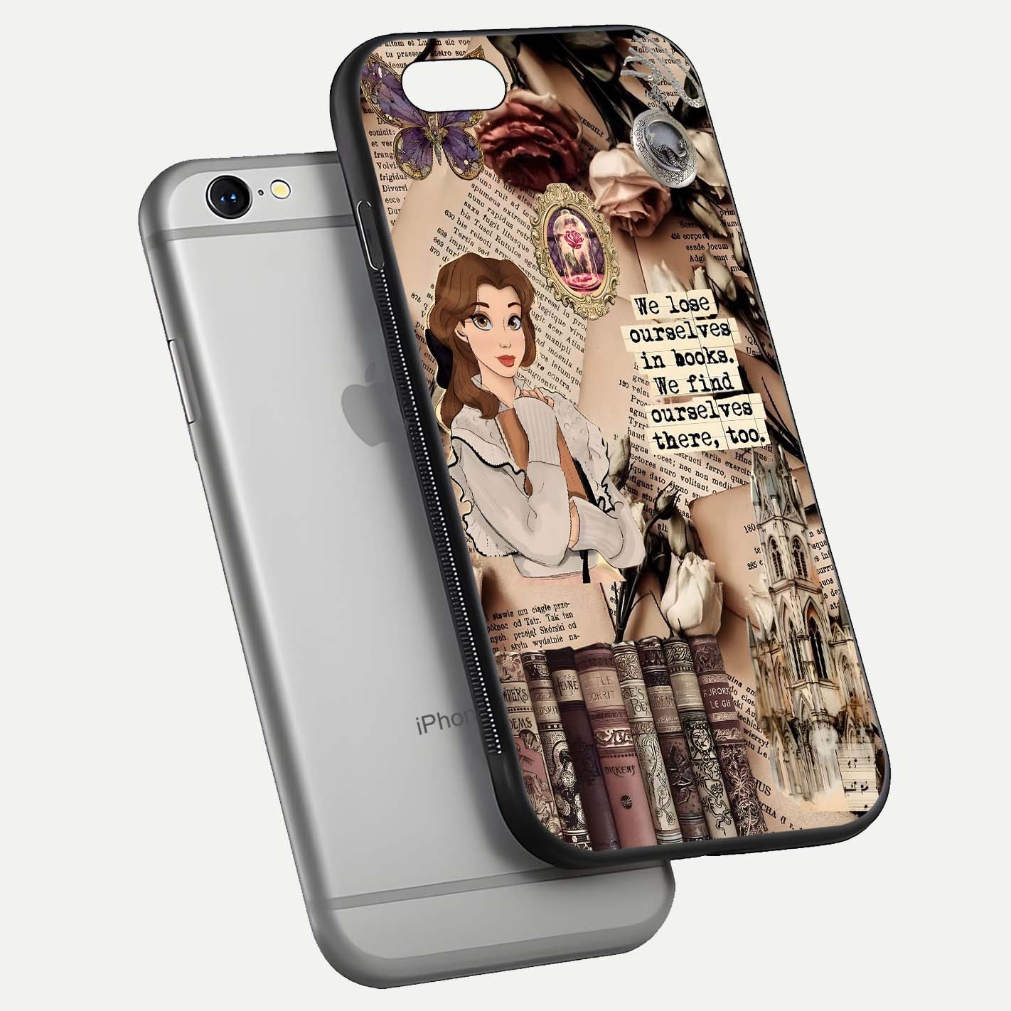 Bookish Dream World Glass Case for iPhone 16 Pro floating mockup capturing gloss shine and artistic balance