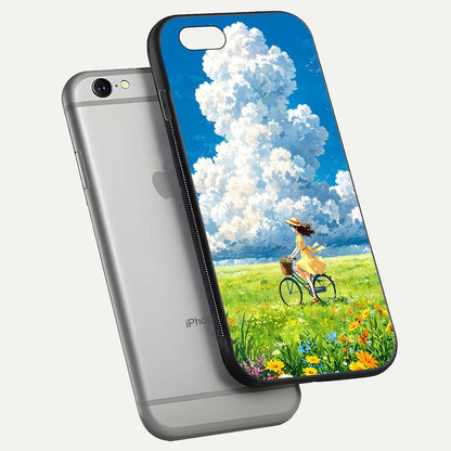 Breezy Meadow Ride Glass Case for iPhone 16 Pro floating mockup capturing serene tones and smooth finish