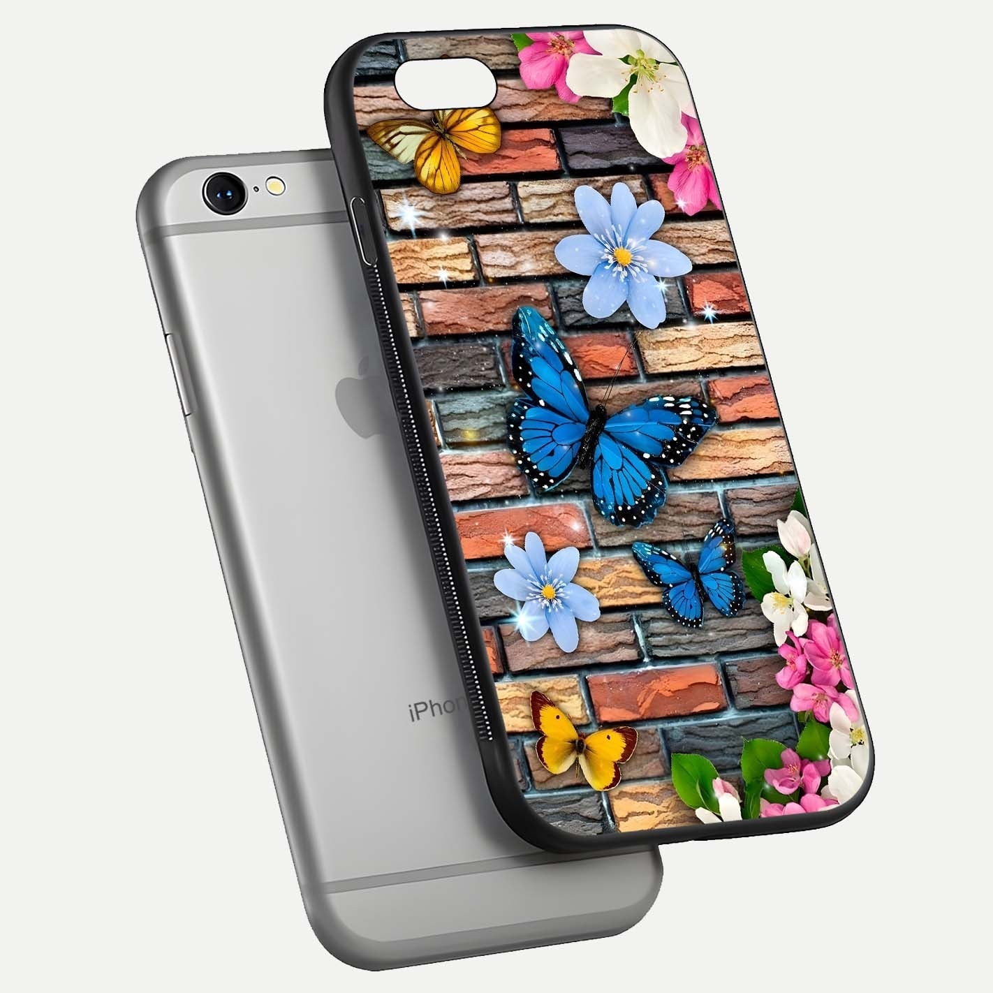 Brick Bloom Flight Glass Case for iPhone 16 Pro floating mockup displaying gloss reflection and pattern vibrancy