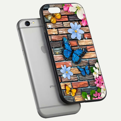 Brick Bloom Flight Glass Case for iPhone 16 Pro floating mockup displaying gloss reflection and pattern vibrancy