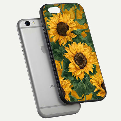 Bright Sunflower Bloom Glass Case for iPhone 16 Pro floating mockup capturing vibrant tones and gloss surface