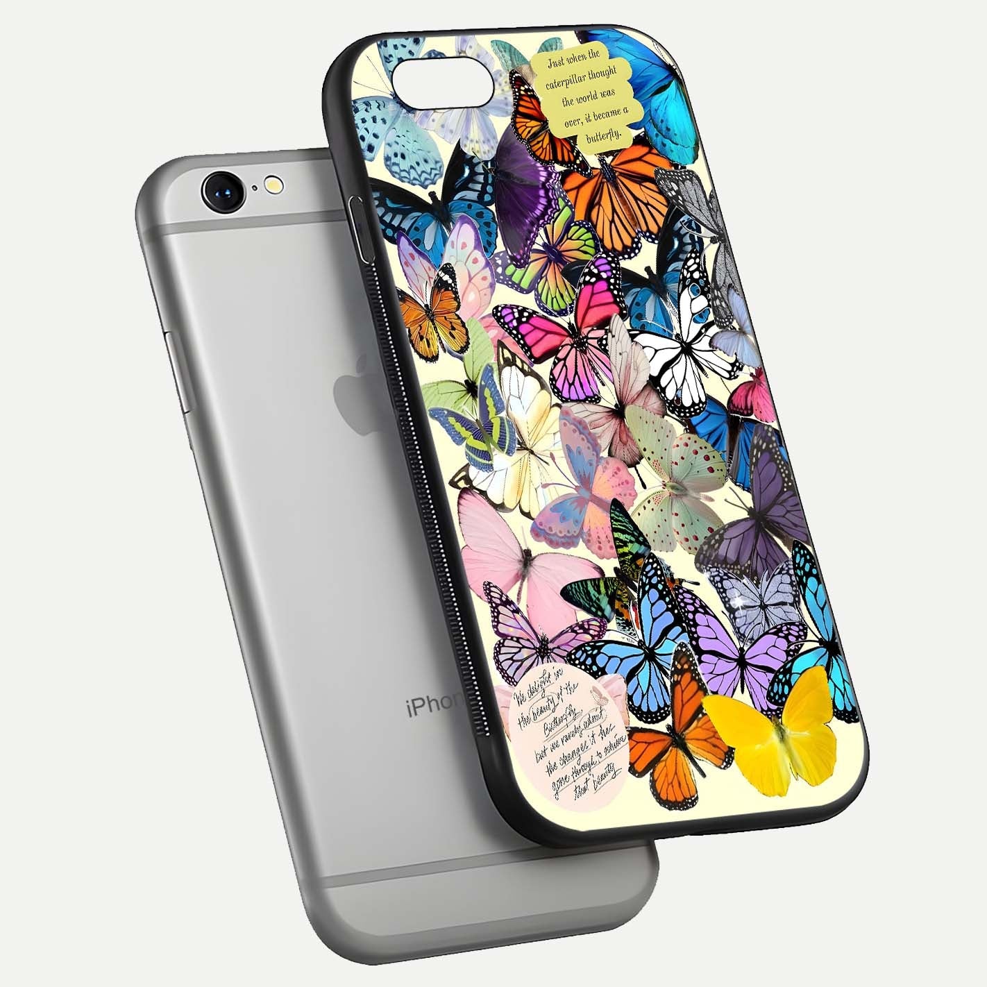 Butterflies Petal Dream Glass Case for iPhone 16 Pro floating mockup displaying detailed print and premium glass glow