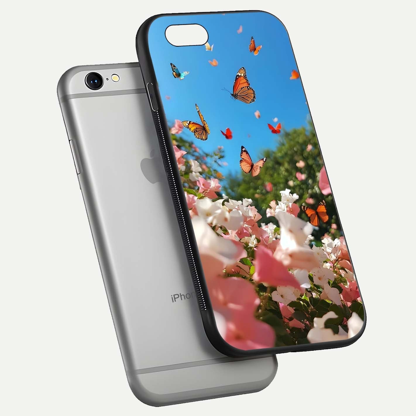 Butterflies in Bloom Sky Glass Case for iPhone 16 Pro floating mockup capturing butterfly motion and edge design