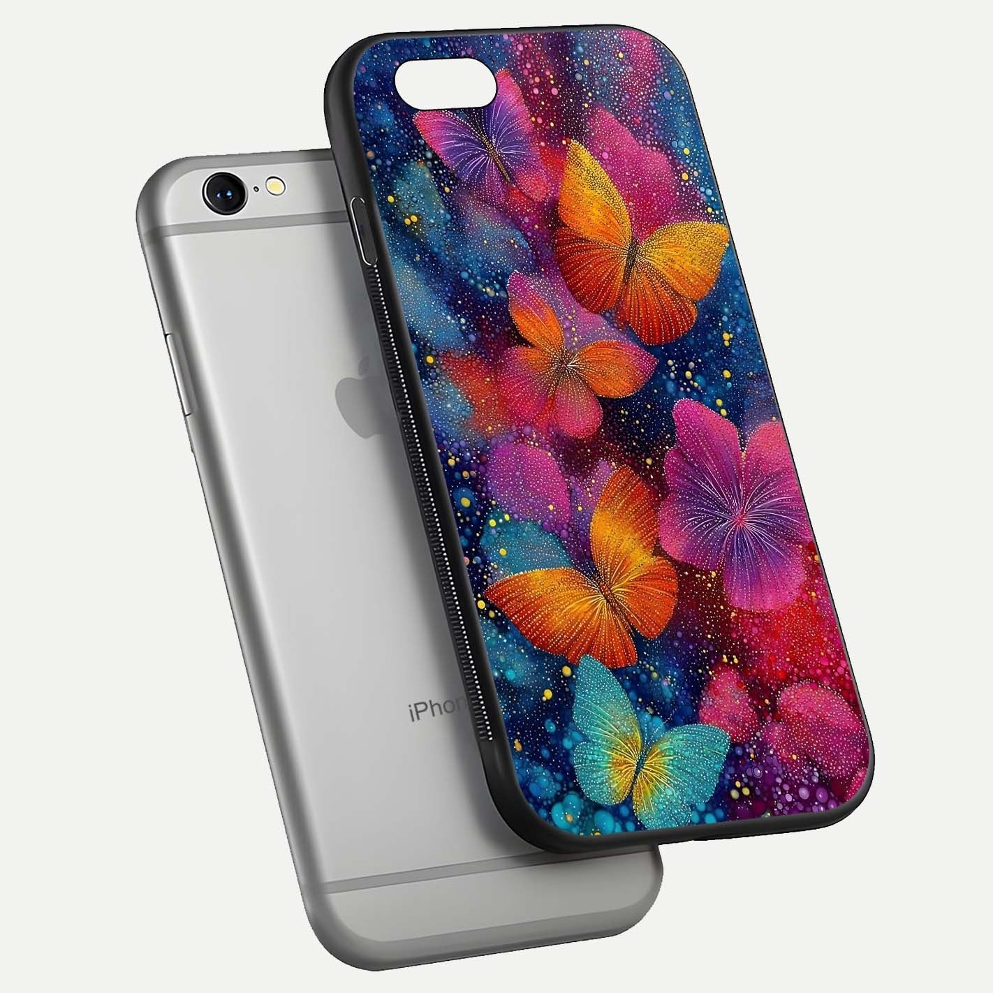Butterfly Dream Mist Glass Case for iPhone 16 Pro floating mockup displaying glass shine and ethereal art depth