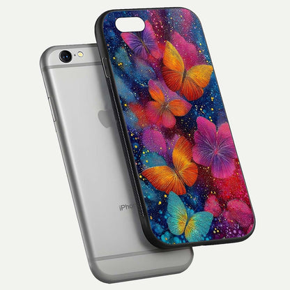 Butterfly Dream Mist Glass Case for iPhone 16 Pro floating mockup displaying glass shine and ethereal art depth