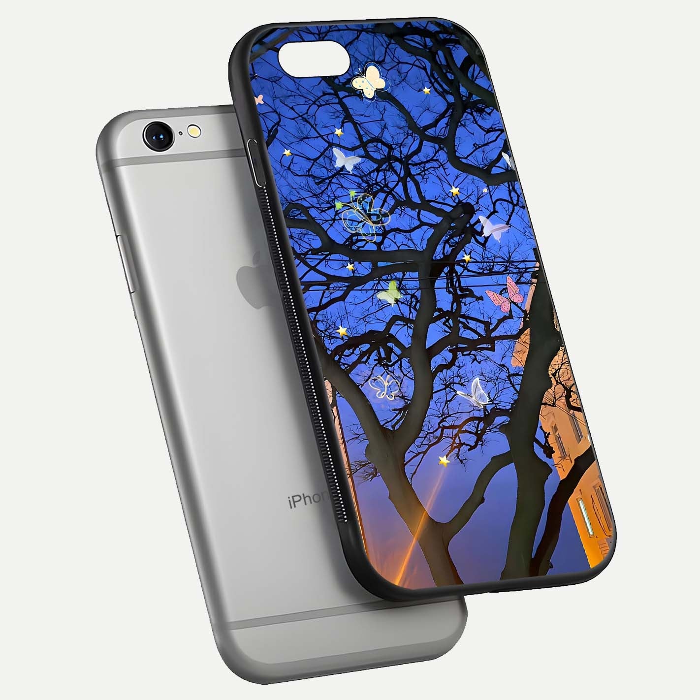 Butterfly Night Magic Glass Case for iPhone 16 Pro floating mockup showing night glow and smooth polish