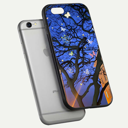 Butterfly Night Magic Glass Case for iPhone 16 Pro floating mockup showing night glow and smooth polish