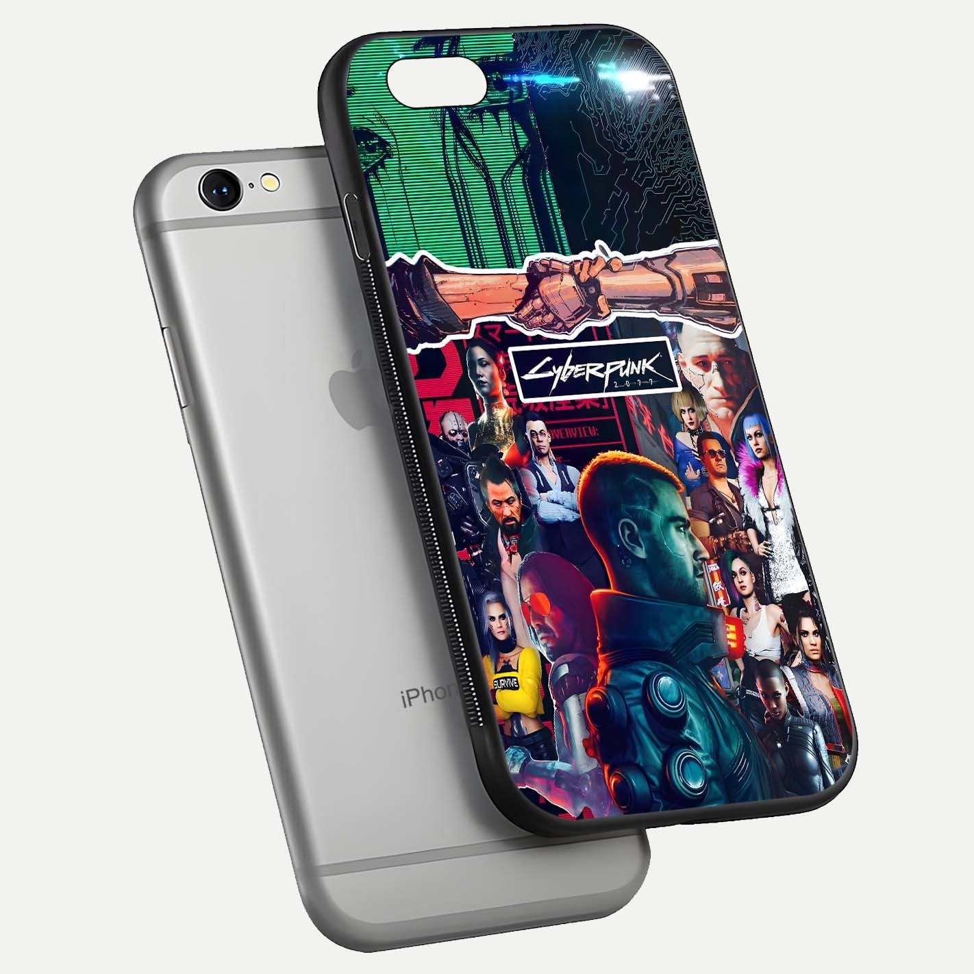 CYBERPUNK Legacy Glass Case for iPhone 16 Pro floating mockup showing HD gloss and neon glow detail