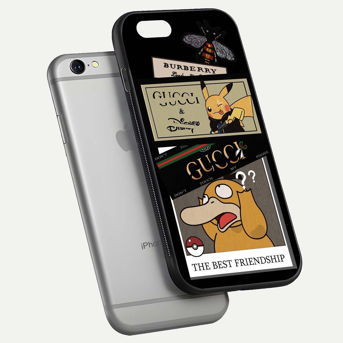 Cartoon Brand Play Mashup Glass Case for iPhone 16 Pro floating dual-view mockup showing gloss surface and vivid reflection