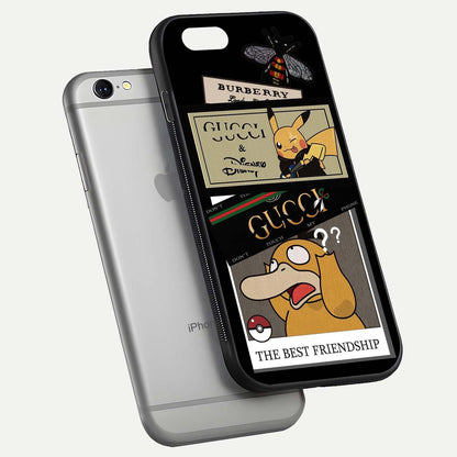 Cartoon Brand Play Mashup Glass Case for iPhone 16 Pro floating dual-view mockup showing gloss surface and vivid reflection