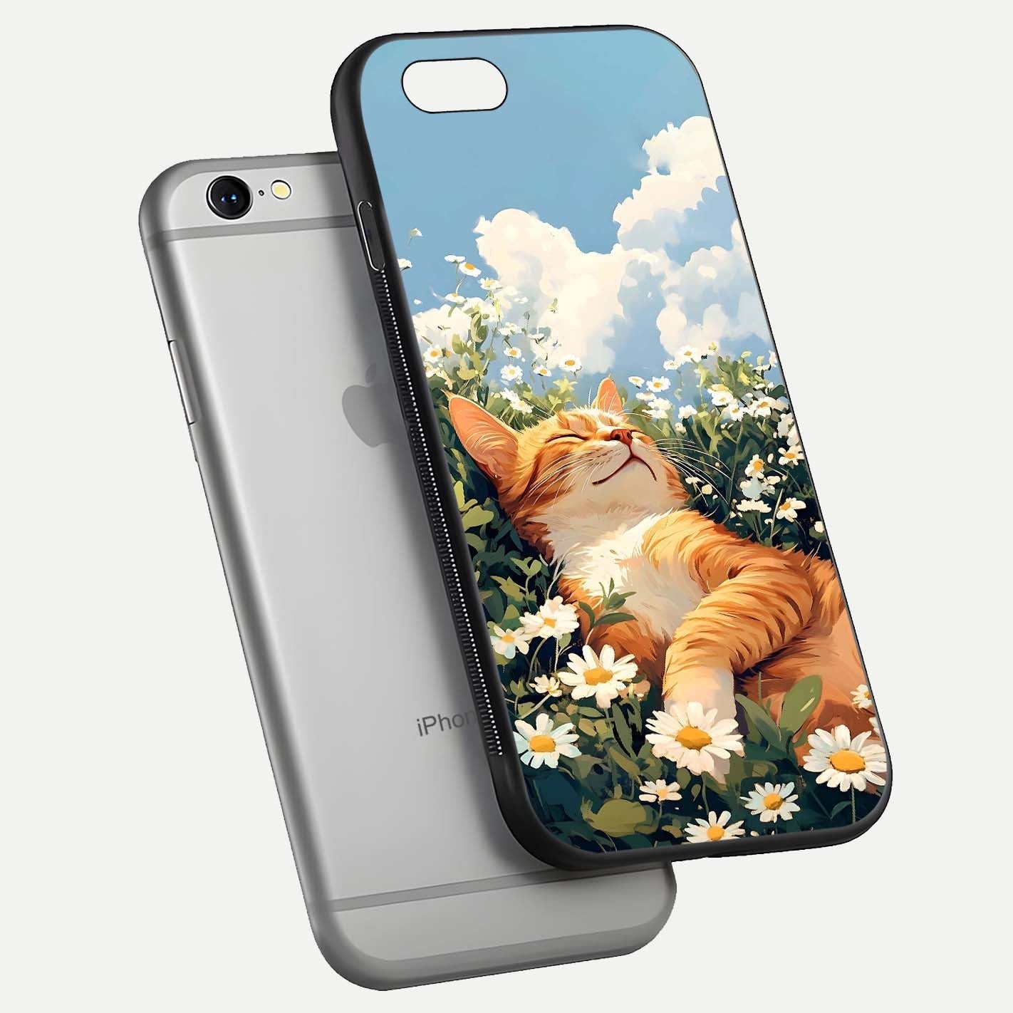 Cat & Flowers View Glass Case for iPhone 16 Pro floating mockup showing design reflection and protective edges