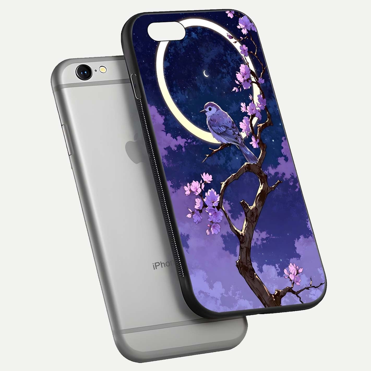 Celestial Bird Blossom Glass Case for iPhone 16 Pro floating mockup showing cosmic floral tones and HD gloss