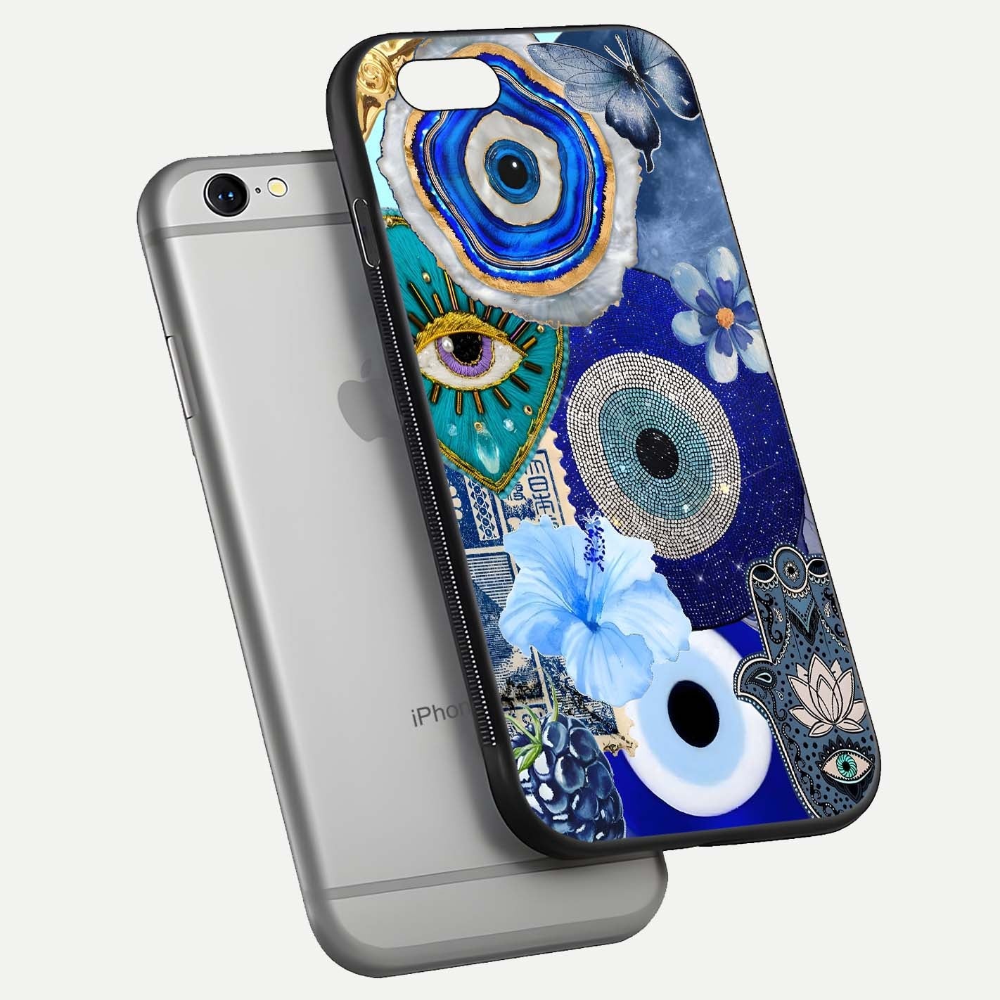 Celestial Blue Vision Glass Case for iPhone 16 Pro floating mockup showing gloss depth and night-sky pattern