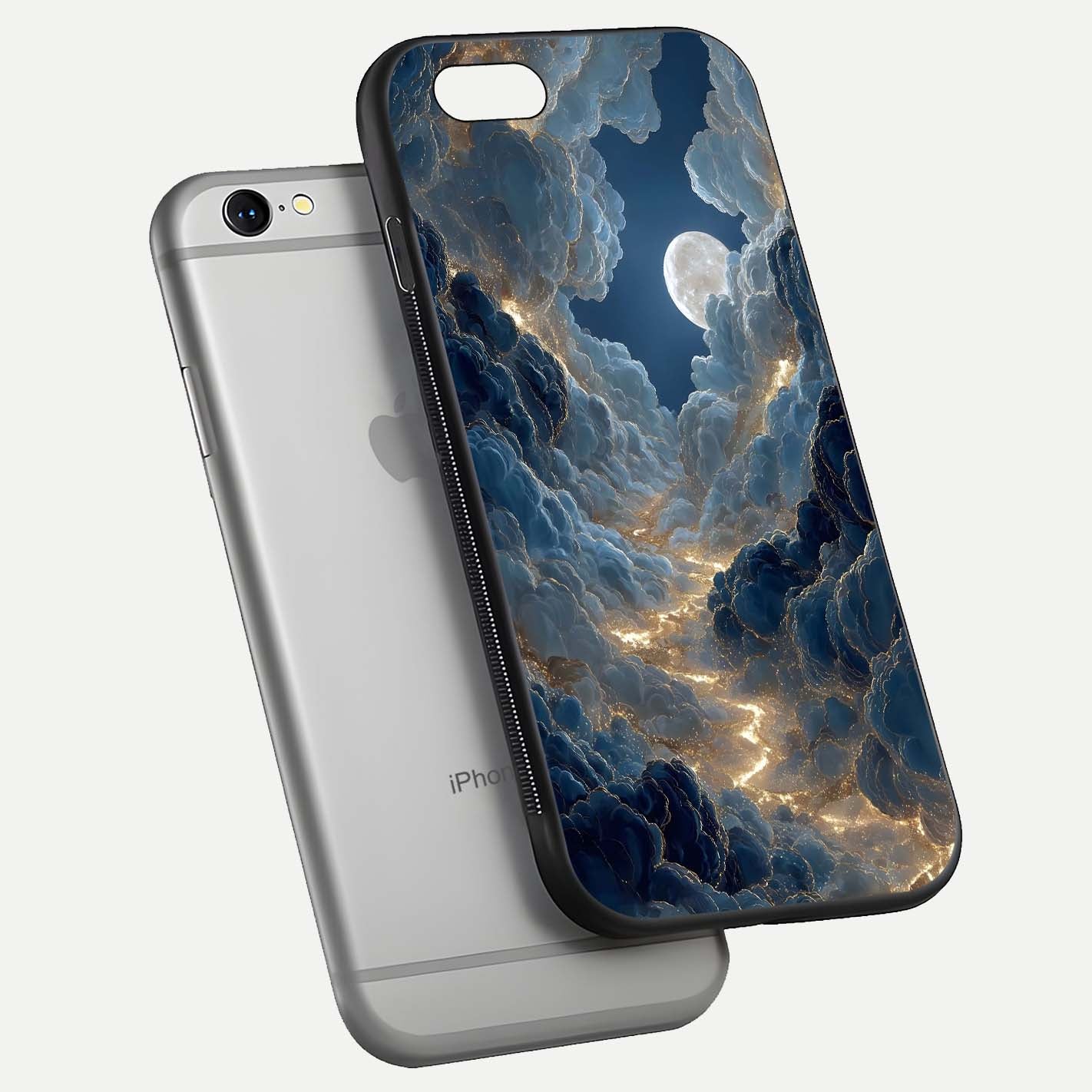 Celestial Cloud Road Glass Case for iPhone 16 Pro floating mockup capturing glowing horizon and HD gloss