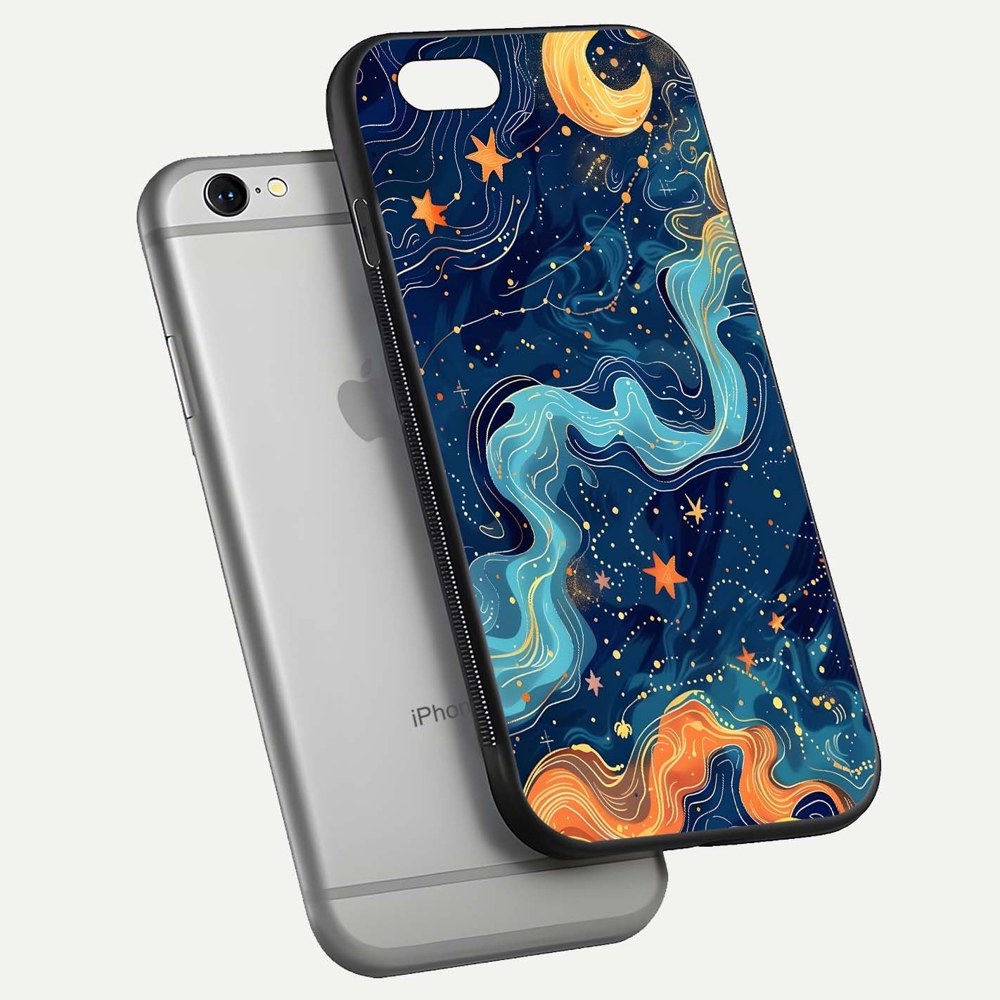 Celestial Dream Flow Glass Case for iPhone 16 Pro floating mockup displaying gloss shimmer and artistic composition