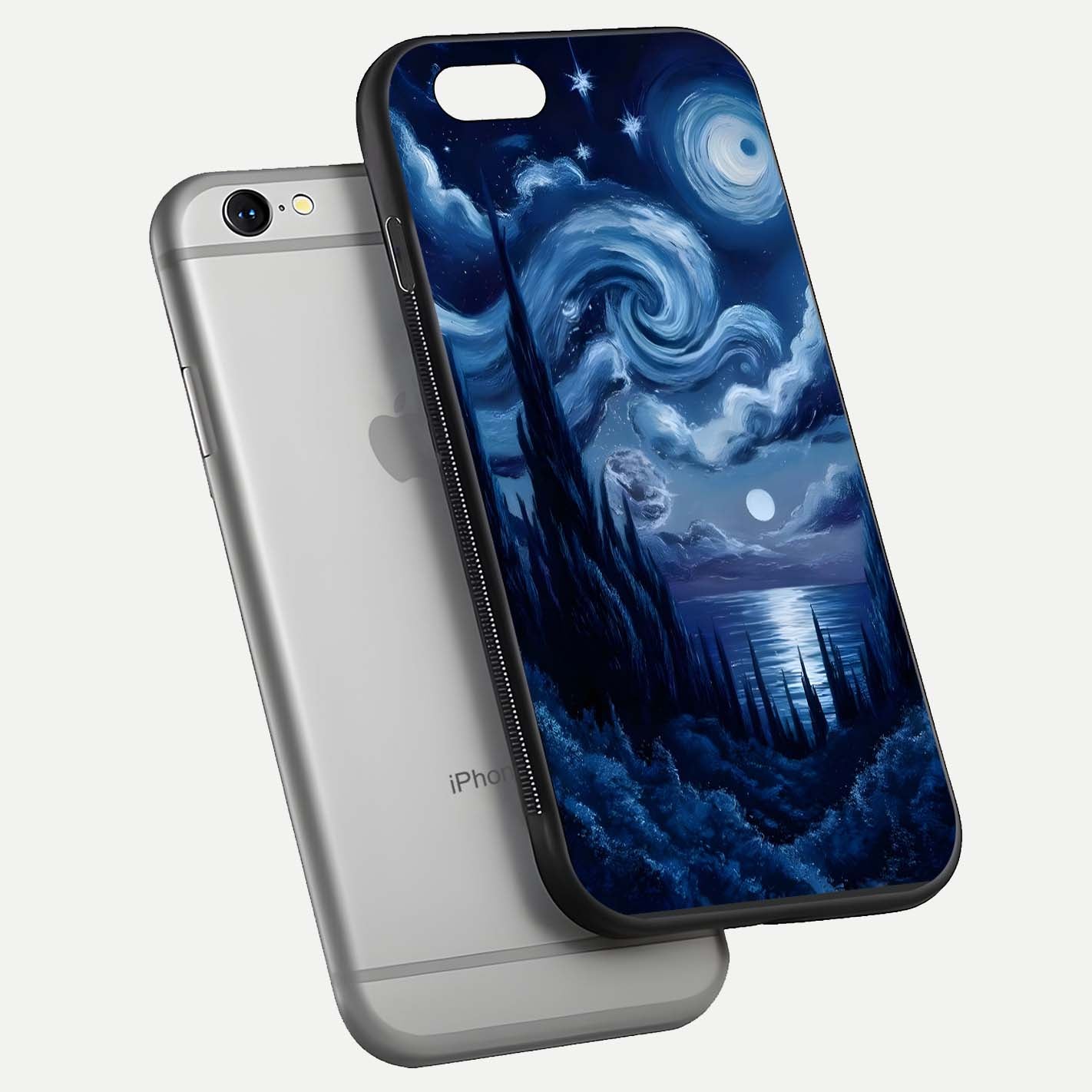 Celestial Dream Van Gogh Glass Case for iPhone 16 Pro floating mockup highlighting cosmic tones and smooth gloss