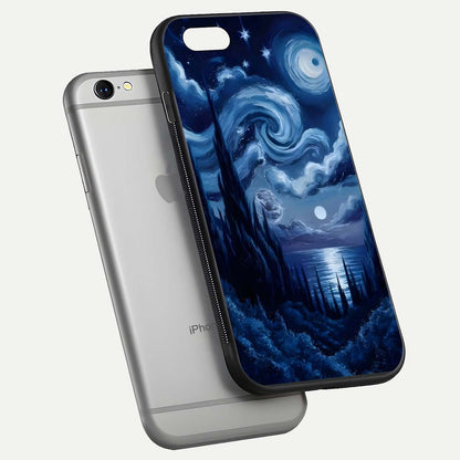 Celestial Dream Van Gogh Glass Case for iPhone 16 Pro floating mockup highlighting cosmic tones and smooth gloss