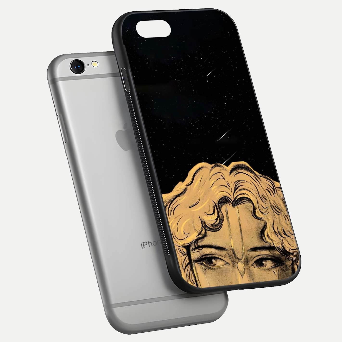 Celestial God’s Plan Glass Case for iPhone 16 Pro floating dual-view mockup displaying gloss surface and vivid print
