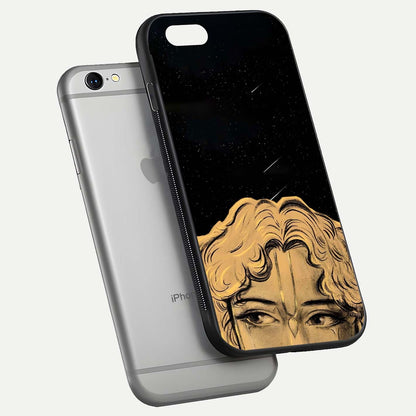 Celestial God’s Plan Glass Case for iPhone 16 Pro floating dual-view mockup displaying gloss surface and vivid print