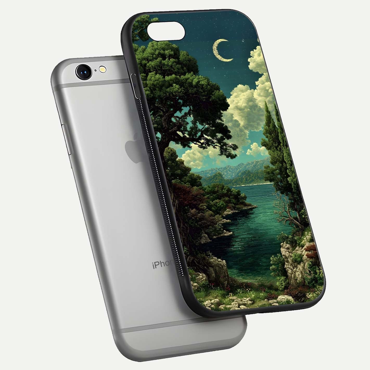 Celestial Lake Peace Glass Case for iPhone 16 Pro floating mockup capturing calm tones and smooth polish