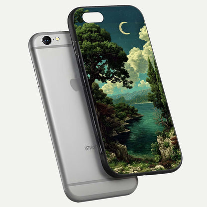 Celestial Lake Peace Glass Case for iPhone 16 Pro floating mockup capturing calm tones and smooth polish