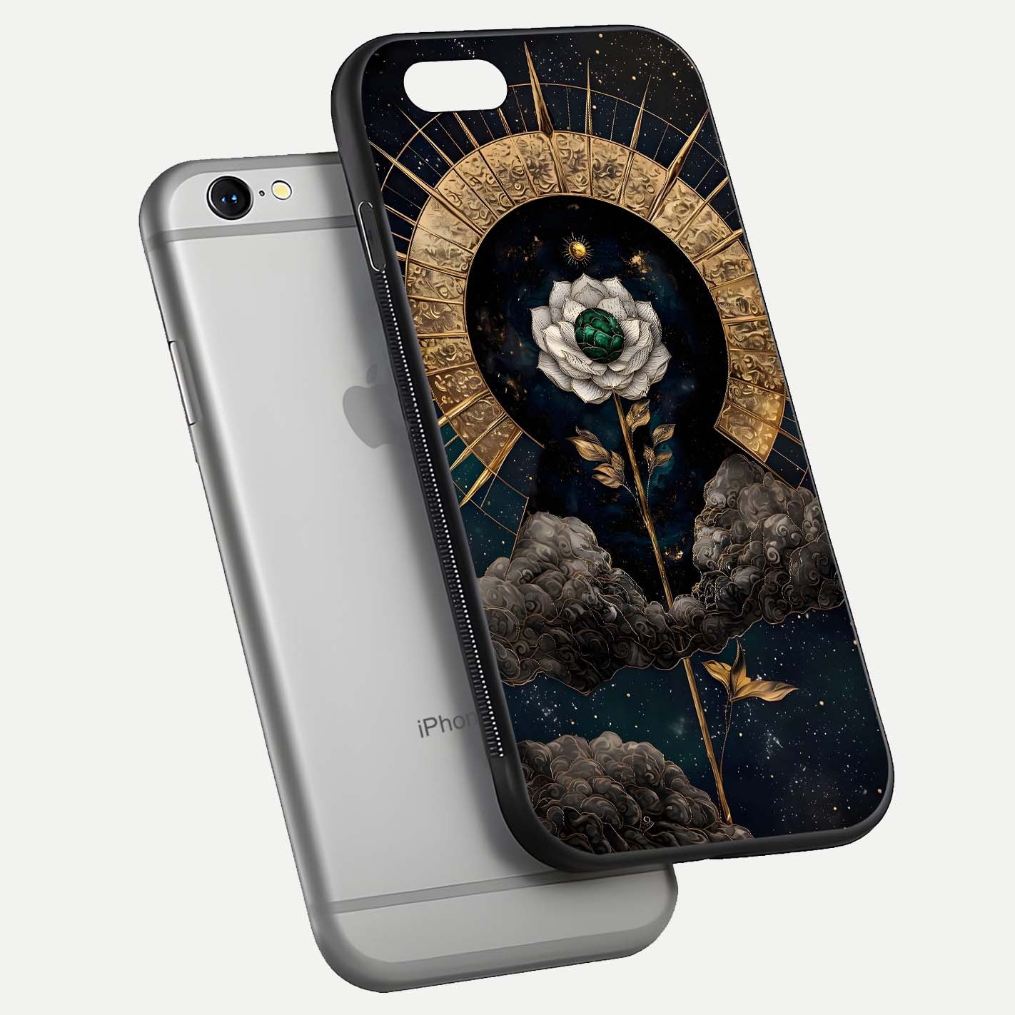 Celestial Lotus Morang Glass Case for iPhone 16 Pro floating mockup showing gloss depth and cosmic lotus glow