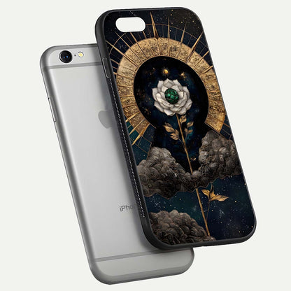 Celestial Lotus Morang Glass Case for iPhone 16 Pro floating mockup showing gloss depth and cosmic lotus glow
