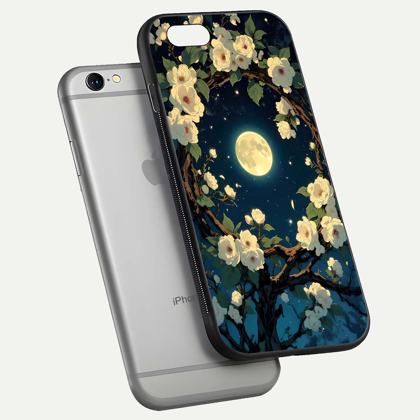 Celestial Moon & Flower Glass Case for iPhone 16 Pro floating mockup emphasizing HD shine and delicate texture