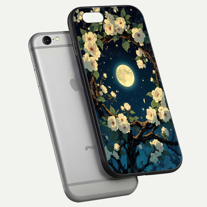 Celestial Moon & Flower Glass Case for iPhone 16 Pro floating mockup emphasizing HD shine and delicate texture