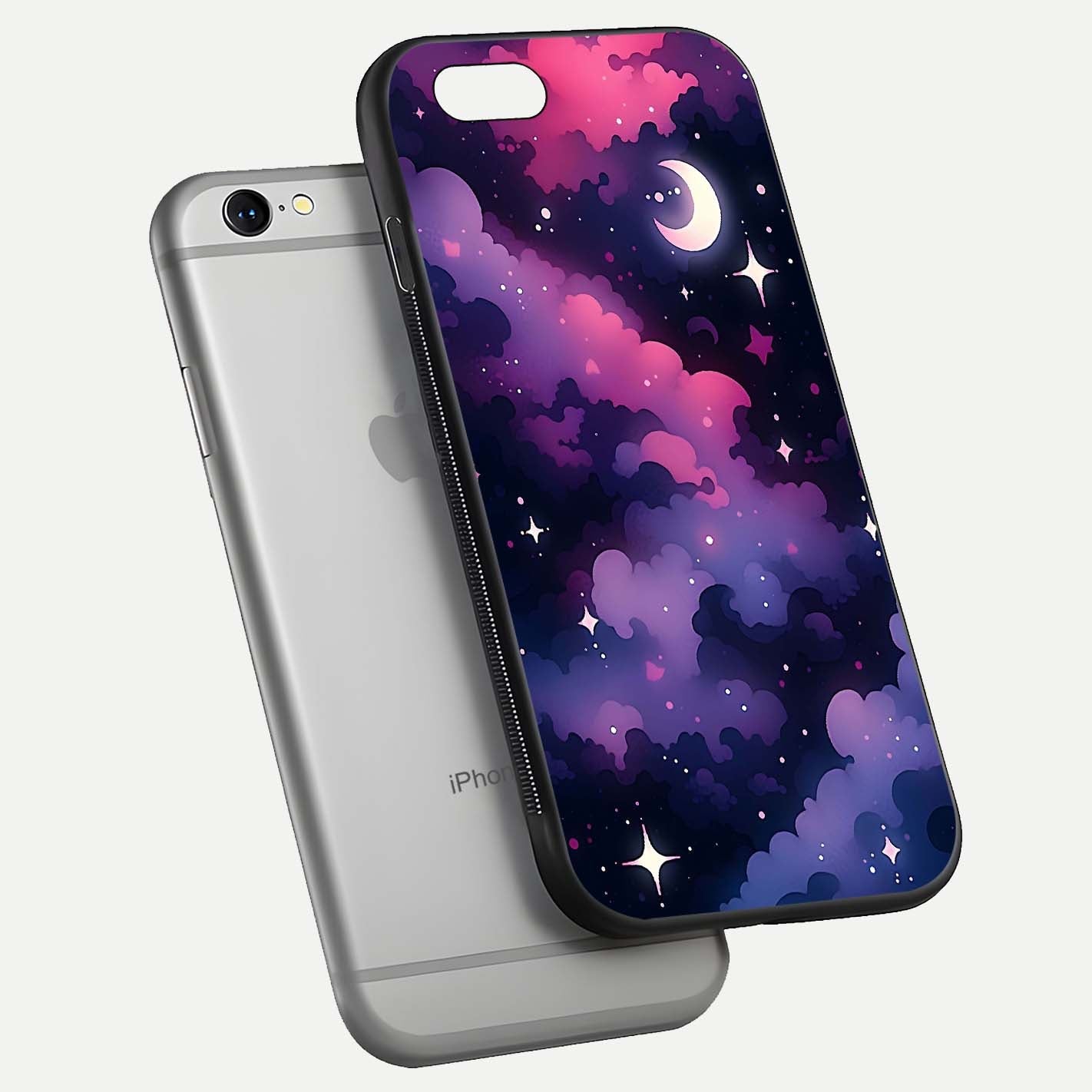 Celestial Moon Magic Glass Case for iPhone 16 Pro floating mockup showing reflection gradient and smooth polish