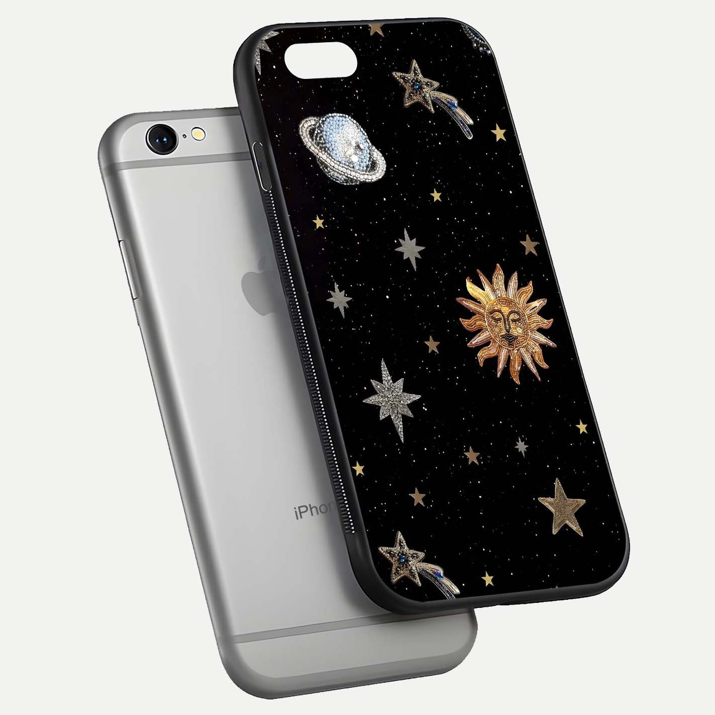 Celestial Moon With Stars Glass Case for iPhone 16 Pro floating mockup emphasizing star depth and gloss clarity