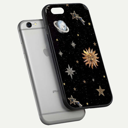 Celestial Moon With Stars Glass Case for iPhone 16 Pro floating mockup emphasizing star depth and gloss clarity
