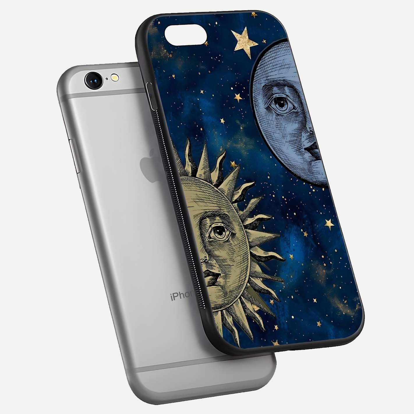 Celestial Moon With Sun Glass Case for iPhone 16 Pro floating mockup displaying vibrant contrast and HD gloss