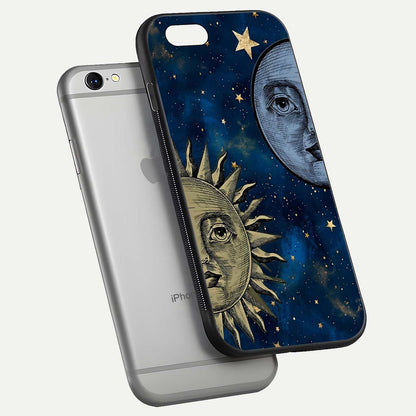 Celestial Moon With Sun Glass Case for iPhone 16 Pro floating mockup displaying vibrant contrast and HD gloss