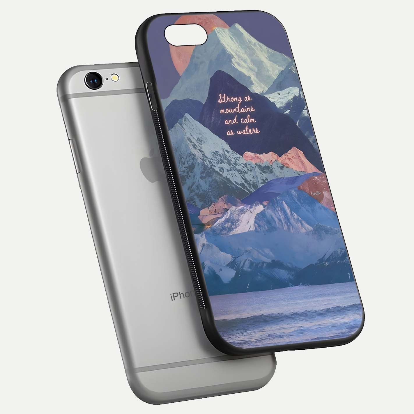 Celestial Mountain Calm Glass Case for iPhone 16 Pro floating mockup showing glow depth and polished edges