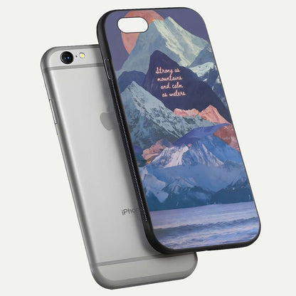 Celestial Mountain Calm Glass Case for iPhone 16 Pro floating mockup showing glow depth and polished edges