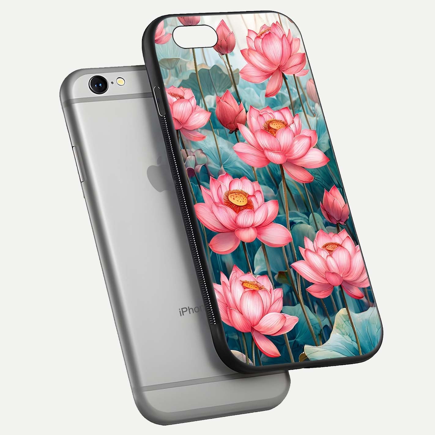 Celestial Pink Lotus Glass Case for iPhone 16 Pro floating mockup displaying cosmic tone and gloss surface