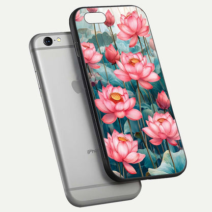 Celestial Pink Lotus Glass Case for iPhone 16 Pro floating mockup displaying cosmic tone and gloss surface