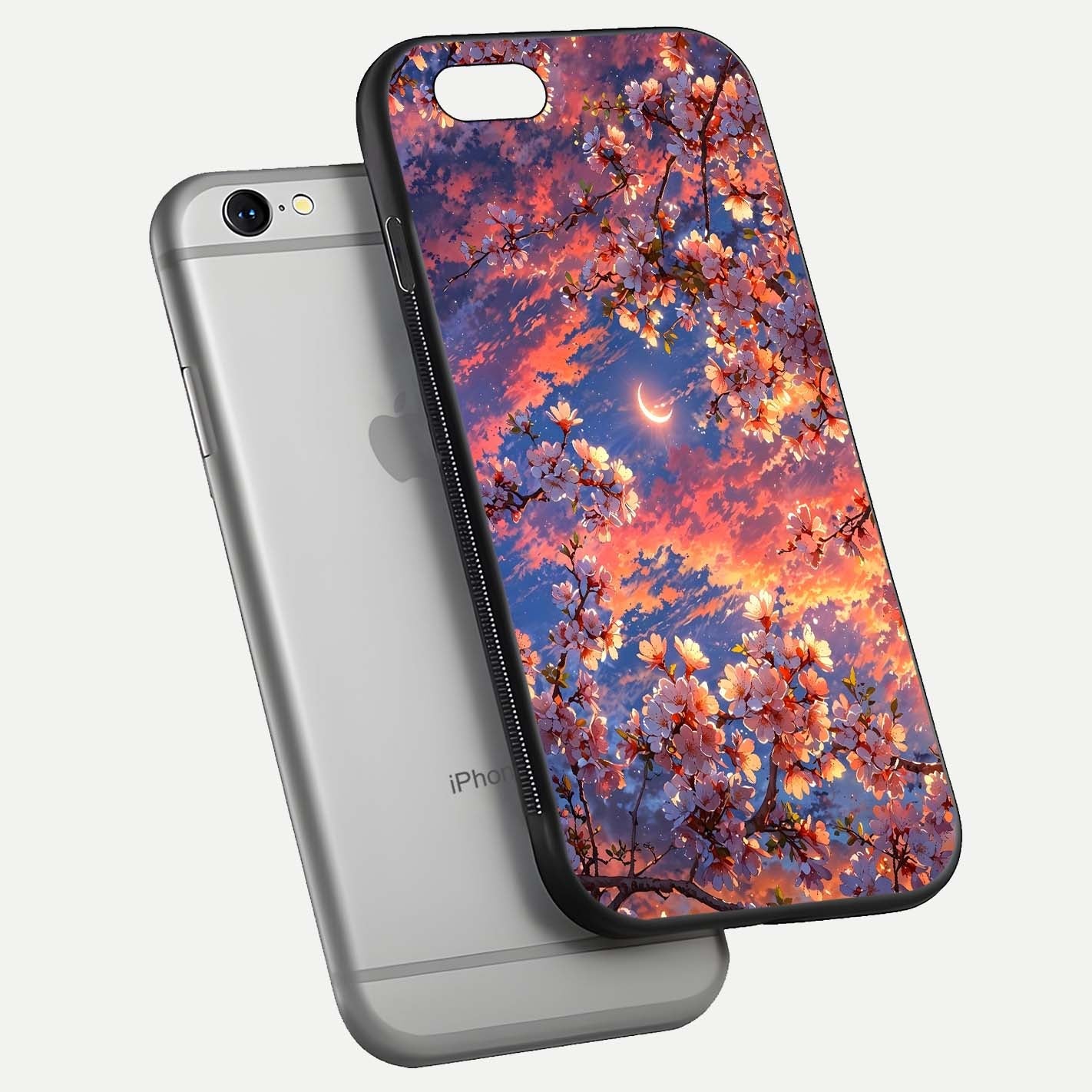 Celestial Sakura Sunset Glass Case for iPhone 16 Pro floating mockup capturing sunset hue and smooth gloss