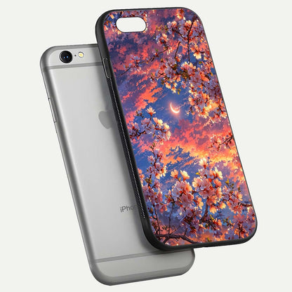 Celestial Sakura Sunset Glass Case for iPhone 16 Pro floating mockup capturing sunset hue and smooth gloss