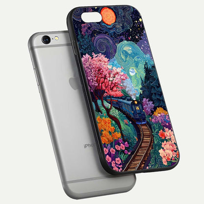 Celestial Train Journey Glass Case for iPhone 16 Pro floating mockup capturing gloss reflection and deep night hues