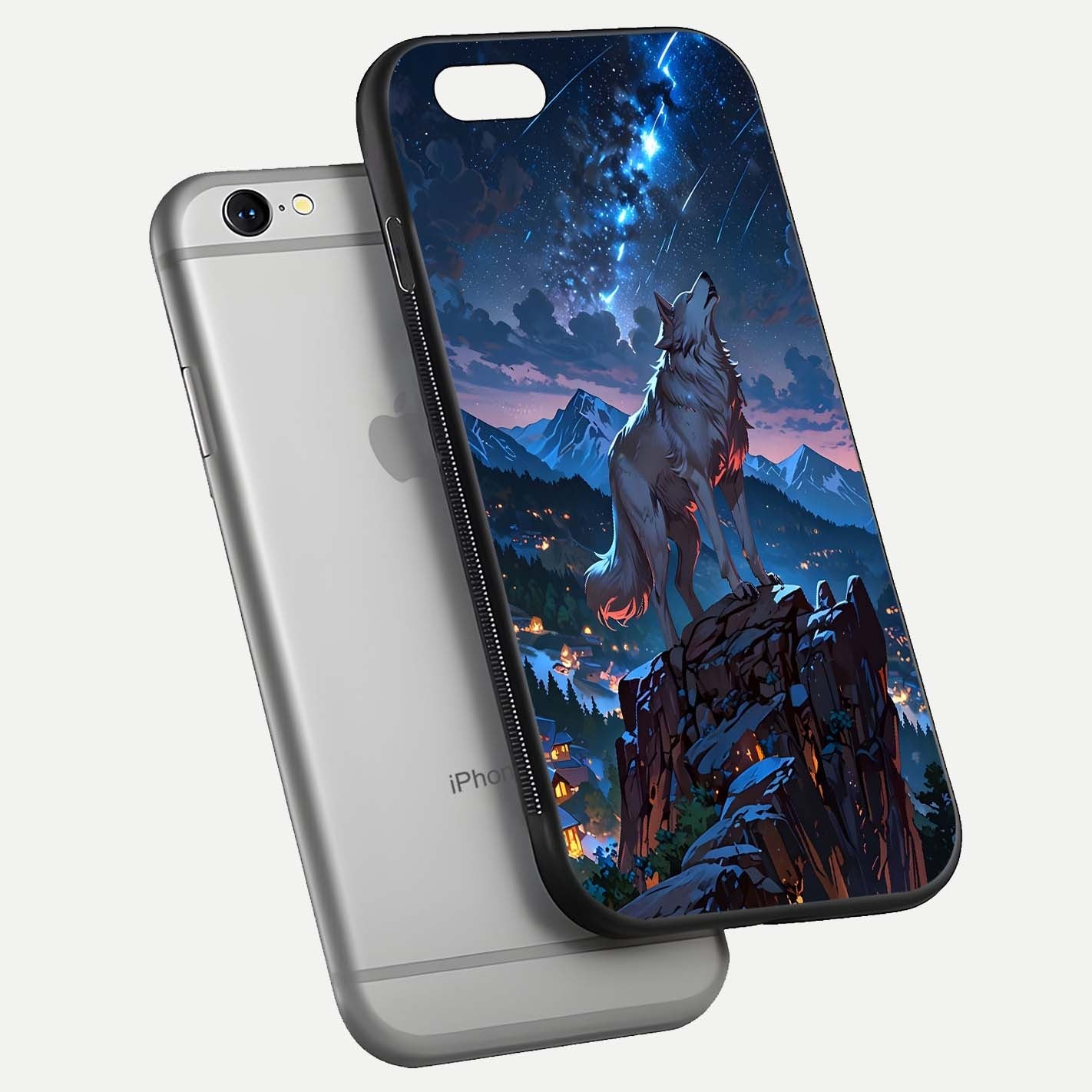 Celestial Wolf Howl Glass Case for iPhone 16 Pro floating mockup capturing reflection depth and silver gloss