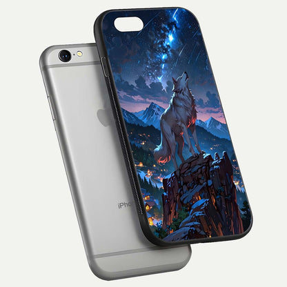 Celestial Wolf Howl Glass Case for iPhone 16 Pro floating mockup capturing reflection depth and silver gloss