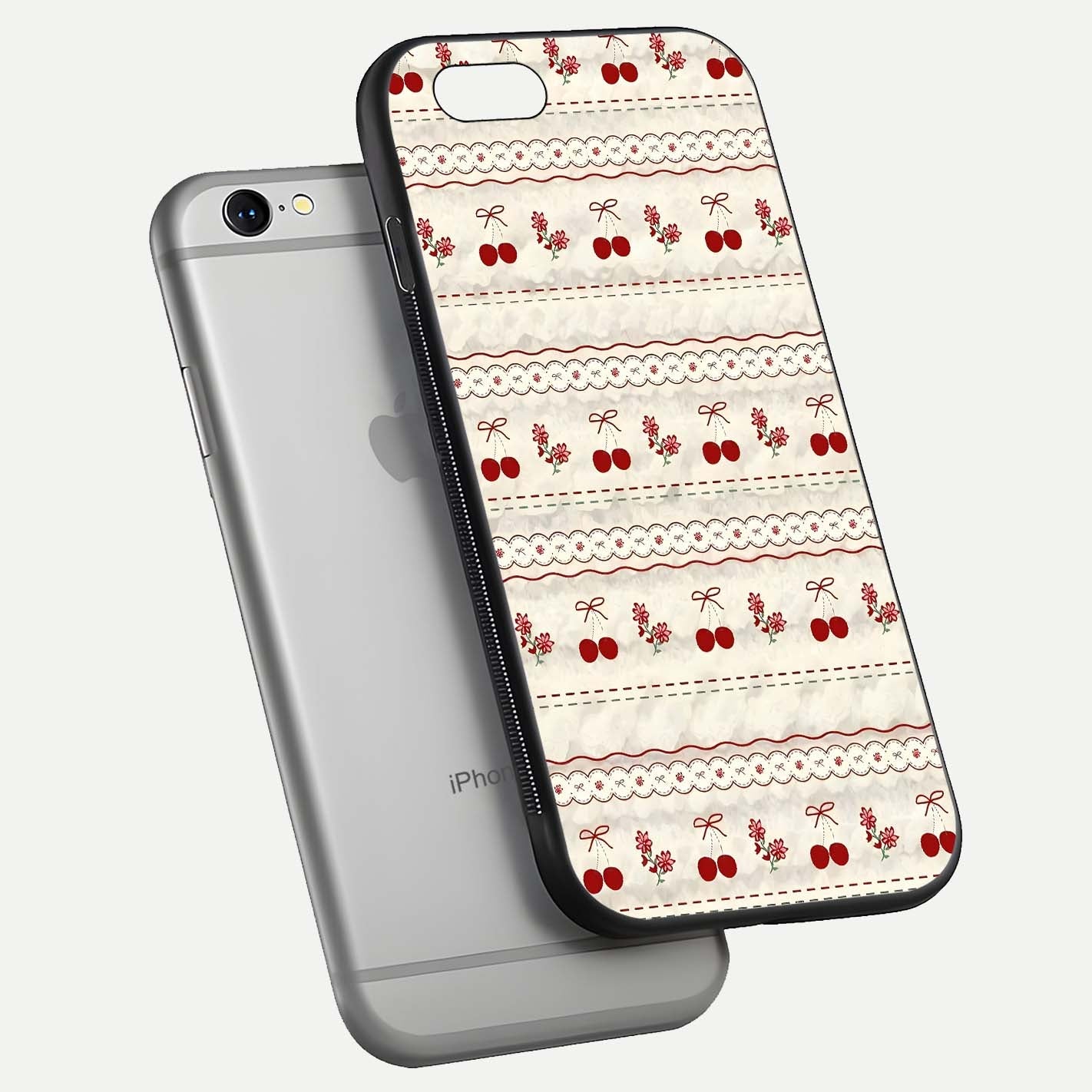 Cherry Bloom Charm Glass Case for iPhone 16 Pro floating mockup showing bloom texture and polished gloss