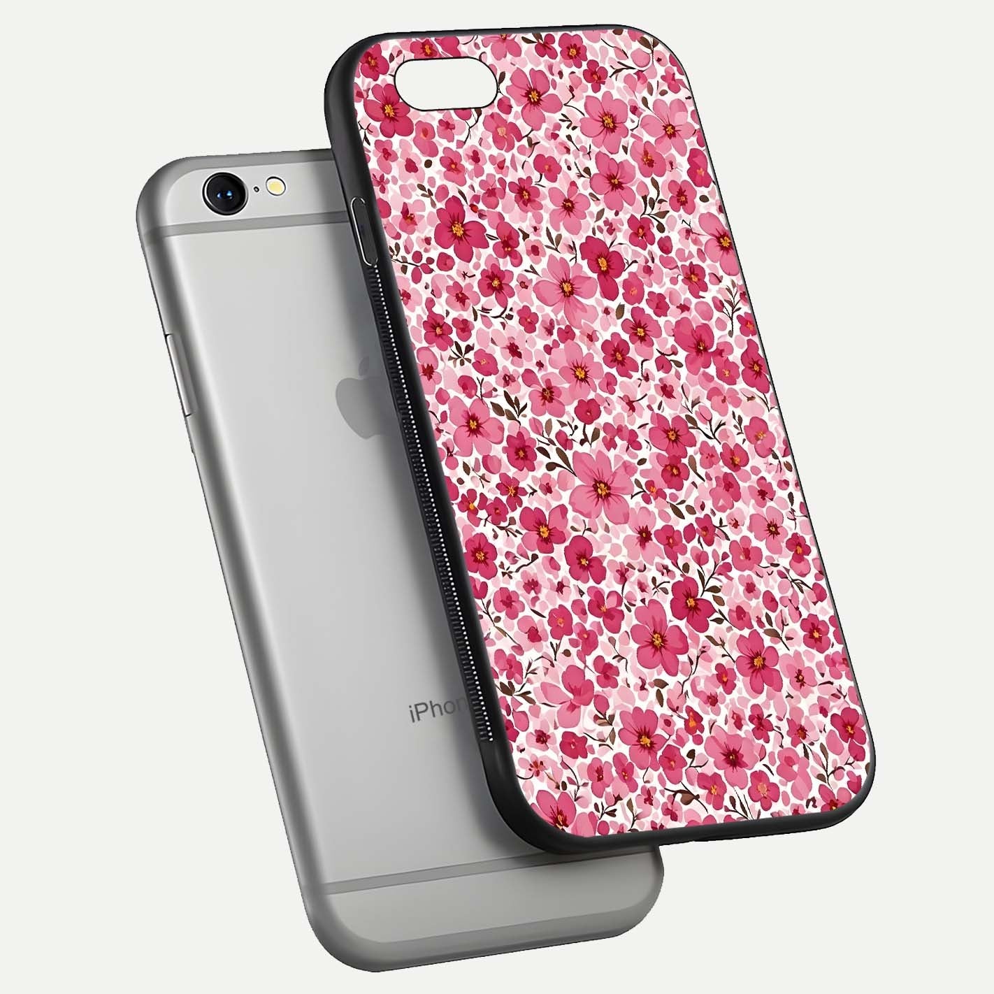 Cherry Blossom Charm Glass Case for iPhone 16 Pro floating mockup displaying pink tone flow and polished edges